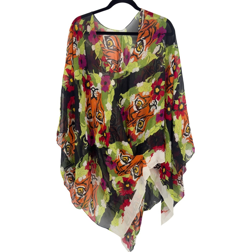 Mara Hoffman Tiger Floral Print Sheer Chiffon Poncho Top V-Neck One Size